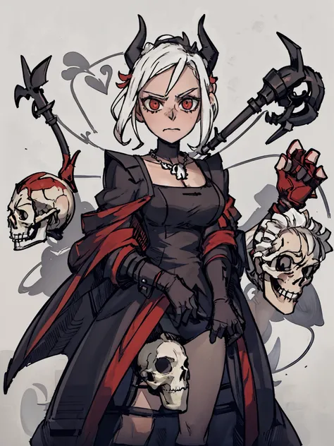 ((a woman，Death knight，Huge skull necklace，maid outfit，Skeleton Scepter，red cloak，curly hair, )),front,Half body,white hair，black devil horns，temperament，grace，Damia，Mature，gentle，kindly，Different world，middle Ages，White background