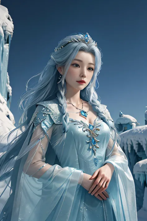 There was a woman dressed in blue，Wearing a necklace, ((beautiful fantasy queen)), Inspired by Shen Si Zheng, sky blue. fine hair, winter princess, ice princess, Gurwitz-style artwork, 8k)), fantasy aesthetics!, Gurwitz, ice queen, 8k high quality detailed...