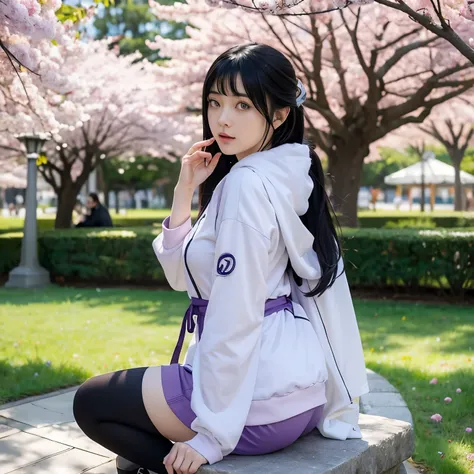 shy woman sitting in cherry blossom garden with purple and white jacket, hinata hyuga from naruto, hinata hyuga, black haired girl wearing hoodie, around her neck wearing shinobi hitai-ate, clan anime cosplay, anime girl cosplay, professional cosplay, comp...