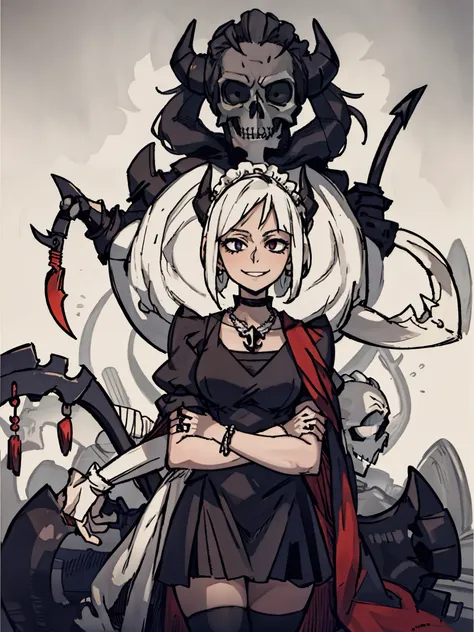 ((a woman，Death knight，giant skull necklace，Skeleton jewelry，(maid outfit)，giant scythe，red cloak，curly hair, )),front,Half body,white hair，black devil horns，temperament，grace，Damia，Mature，gentle，kindly，happy，（Smile），Different world，middle Ages，White backg...