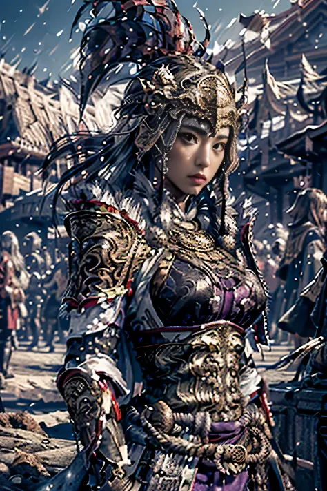 ((masterpiece))), (((best quality))), ((super detailed)), (surreal), (Highly detailed CG illustrations), movie lighting, lifelike ,very beautiful young lady, (beautiful face and lips), Light makeup, big breasts,  Such a complex purple, Purple cloak, spear,...