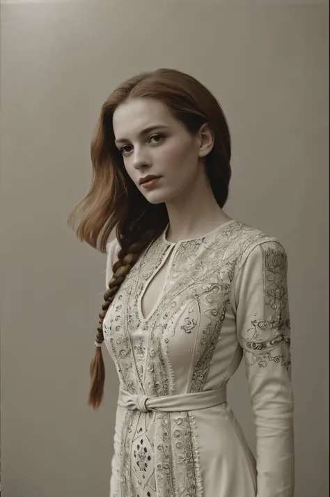 Simonetta Cattaneo Vespucci, embodying her classic beauty in a contemporary fashion, (ginger type), hair intertwined in intricate braids, modern dress, soft pastel palette, high color contrast, gently faded tones, timeless elegance, highly detailed, master...