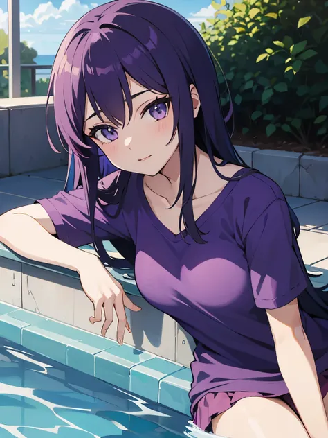 18 year old anime girl wearing a purple shirt and purple hair is relaxing by the swimming pool