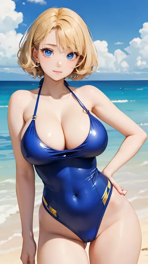 (masterpiece:1.2), (highest quality:1.2),, Curvy but slender body, perfect eyes, perfect face, perfect lighting, 2 girls, ，on the beach，（standing position），（one piece swimsuit），（whole bodyのフルショット），（short hair），（smile），curly hair, fine clothes, detailed out...