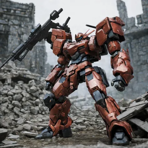 realistic, robot art style, armored core style, combat readiness, rifle, on the ruins,