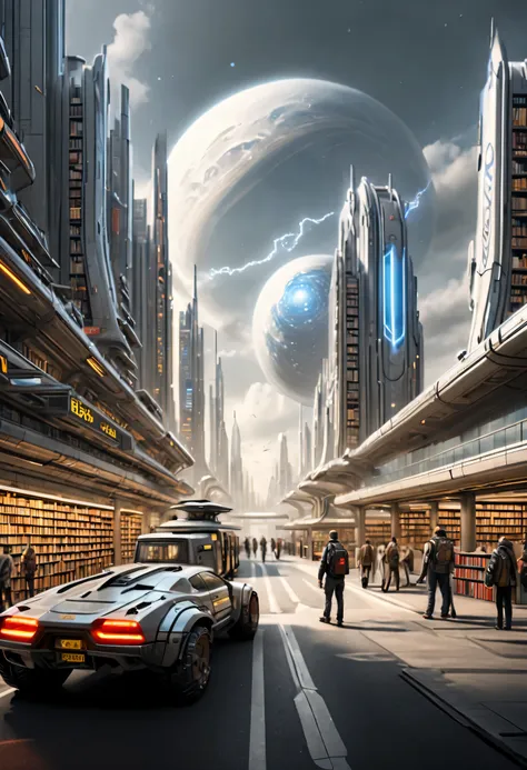 station, 图书馆式station, tons of books, stop signs, people waiting for bus, future car, sense of technology, cyberpunk, future, sci...