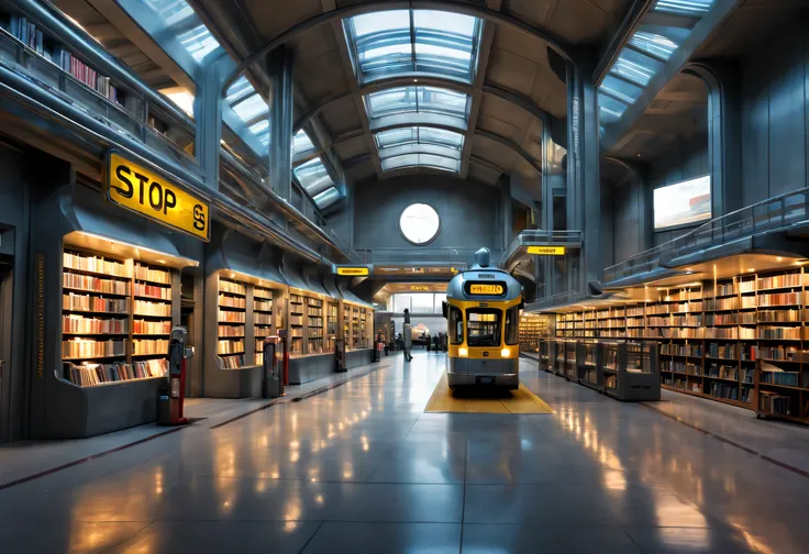 station, 图书馆式station, Tons of books, Stop signs, people waiting for bus, future car, sense of technology, cyberpunk, future, Science fiction,,Real Estate,long term exposure,high dynamic range,minimalist,philippe starck,