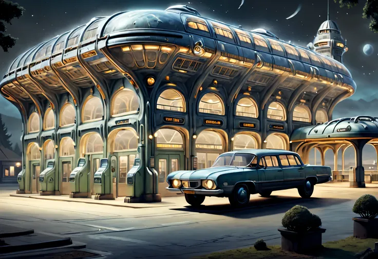 ESTILO RETROFUTURISMO, Beautiful and meticulous，Evening character, The bus station building is located in a quiet town, real picture, 4k, with an original style