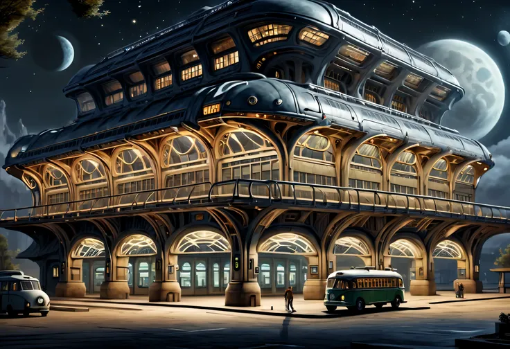 ESTILO RETROFUTURISMO, Beautiful and meticulous，Evening character, The bus station building is located in a quiet town, real picture, 4k, with an original style