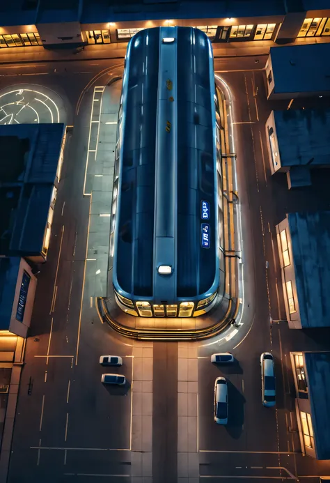 aerial style, street photography style, estilo retrofuturismo, beautiful and meticulous，evening character, the bus station build...