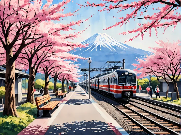 A captivating watercolor painting of a Japanese train station on a sunny spring day, a sleek futuristic train at the platform, surrounded by blooming Sakura trees, traditional elements like lanterns and wooden benches, Mount Fuji in the background, passeng...