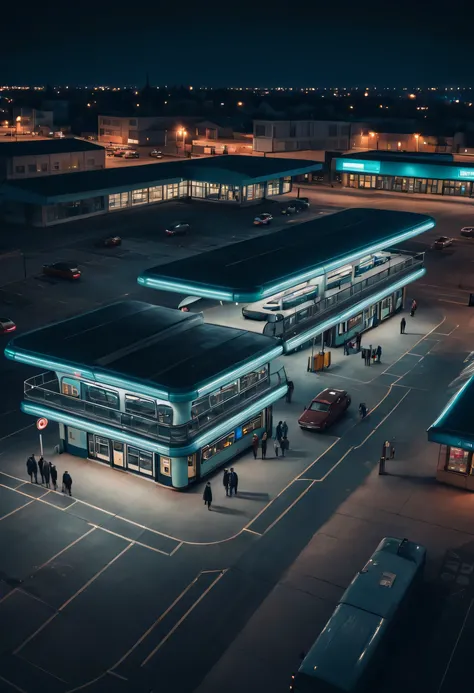 Aerial style, street photography style, ESTILO RETROFUTURISMO, Beautiful and meticulous，Evening character, The bus station building is located in a quiet town, real picture, 4k, with an original style，stop，people waiting for bus，