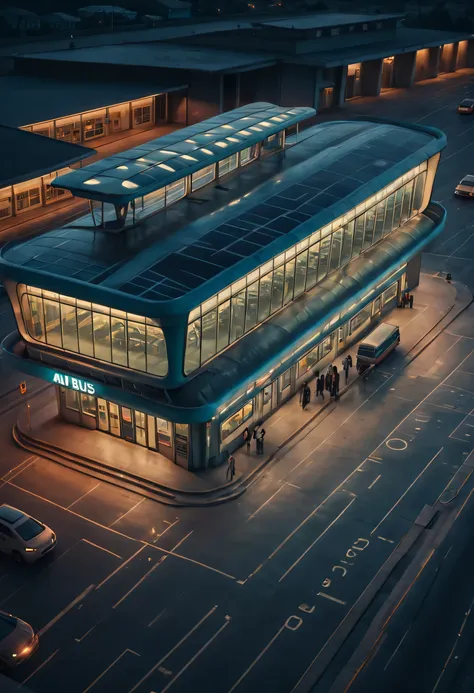 aerial style, street photography style, estilo retrofuturismo, beautiful and meticulous，evening character, the bus station build...