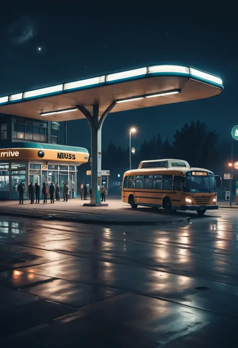 Aerial style, street photography style, ESTILO RETROFUTURISMO, Beautiful and meticulous，Evening character, The bus station building is located in a quiet town, real picture, 4k, with an original style，stop，people waiting for bus，