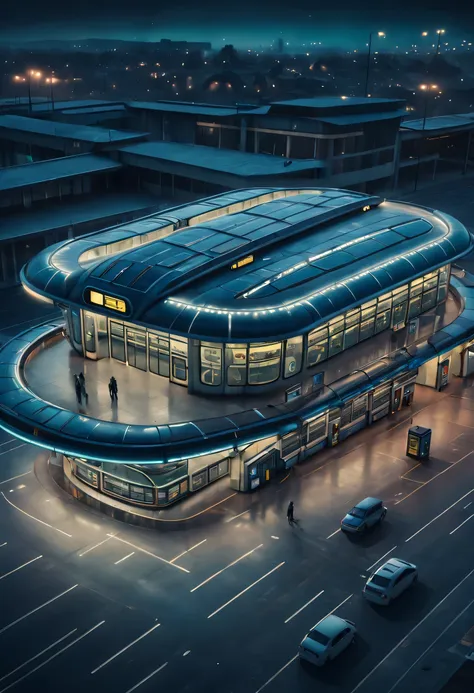 aerial style, street photography style, estilo retrofuturismo, beautiful and meticulous，evening character, the bus station build...