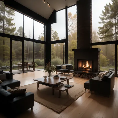 cozy living room with fireplace at night on the edge of the misty forest