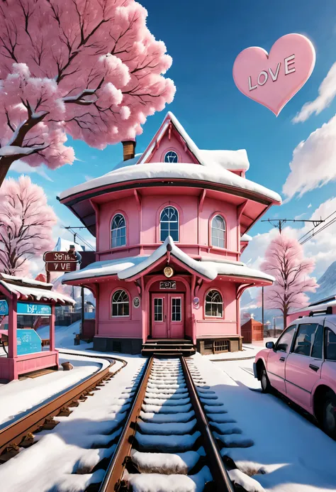 Scene design, a beautiful station (Train tracks stretch to the sky: 0.85), cloud, snow scene, (Warm pink station building), (Station sign inserted in the snow: 0.65), heart shaped love tree, Warm little station buildings on both sides of the signboard, thi...