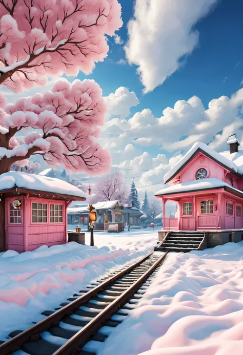 Scene design, a beautiful station (Train tracks stretch to the sky: 0.85), cloud, snow scene, (Warm pink station building), (Station sign inserted in the snow: 0.65), heart shaped love tree, Warm little station buildings on both sides of the signboard, thi...