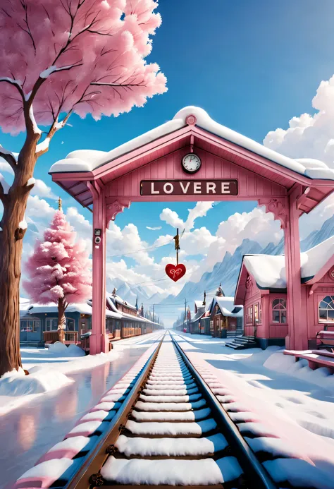 scene design, a beautiful station (train tracks stretch to the sky: 0.85), cloud, snow scene, (warm pink station building), "tra...