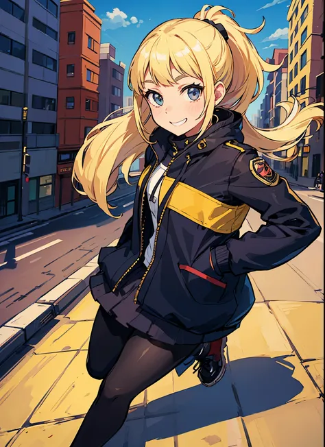 perfect face,girl,Jacket,full body image,Yay,smile,The background is a ponytail in the city, blond hair