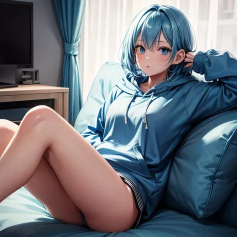 1girl, bluenette hair, light blue hair, next door girl,  night, evening, movie night, couch, laying on couch, oversized hoodie 