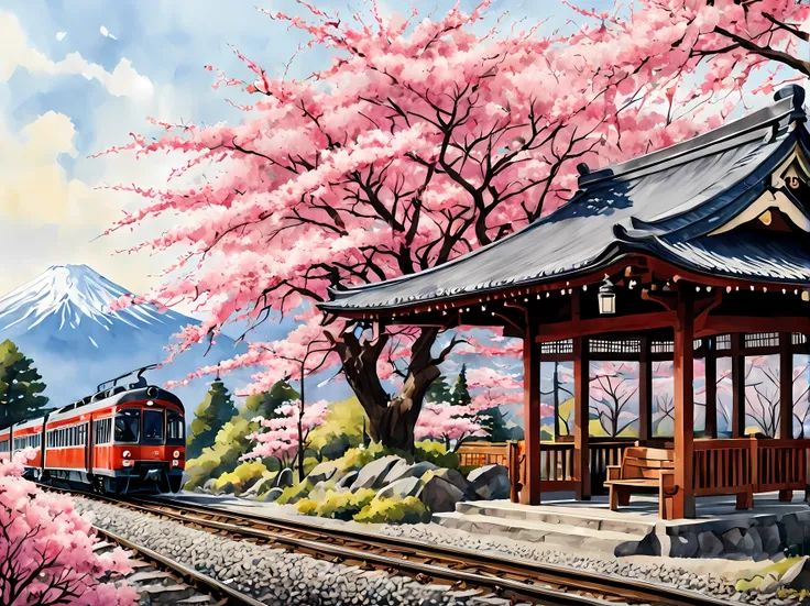 A captivating watercolor painting of a Japanese train station on a sunny spring day, surrounded by blooming Sakura trees, traditional elements like lanterns and wooden benches, Mount Fuji in the background, passengers in traditional attire, masterpiece in ...