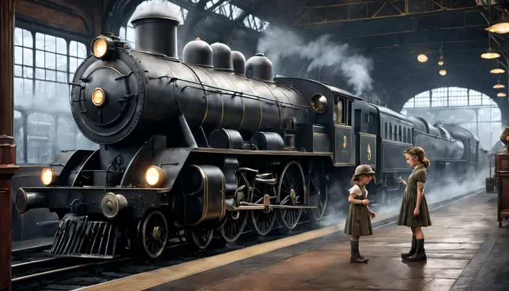 Station Sales Department.Two children playing on the floor of the platform, dieselpunk train station, Steam engine matte spray paint, realistic concept art, Highly detailed matte, Realistic matte, Ultra-realistic matte, Highly realistic concept art, Luxuri...