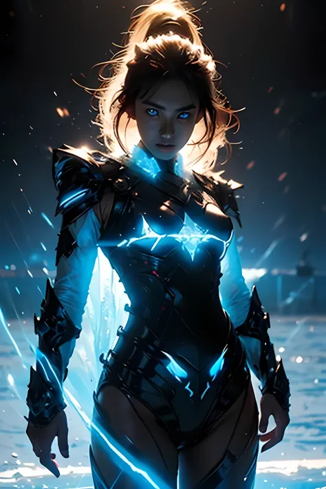 r1ge,(1girl:1.5),bikini_armor,eyes glow,magic,energy,aura,beautiful detailed glow, (detailed ice), beautiful detailed water,cowboy_shot,looking at viewer,