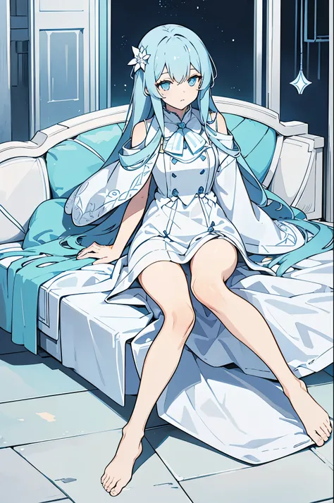 Long light blue hair dragged to the ground，loli，white dress，Coat with platinum moiré pattern，Lie on the couch，Eyes slightly open，Light golden blue eyes，barefoot，Deep and peaceful temperament、maternal