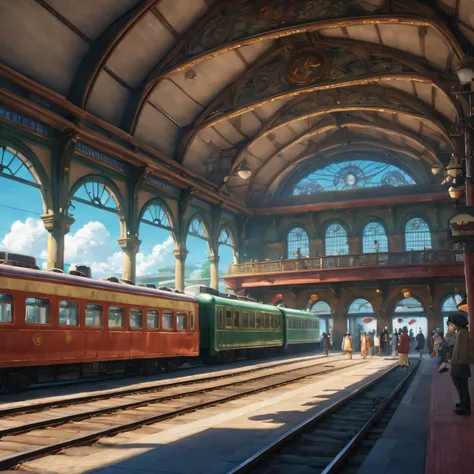 Japanese cartoons, A train station inspired by Spirited Away, bright colors,  magical creatures, Whimsical architecture, vivid scenery,  Mysterious shadows, intricate details, imaginative environment,  steam train, nostalgic atmosphere,Compelling storytell...