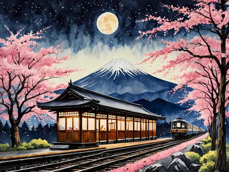 A captivating watercolor painting of a Japanese train station on a night spring starry night with a full moon, surrounded by blooming Sakura trees, traditional elements like lanterns and wooden benches, Mount Fuji in the background, passengers in tradition...