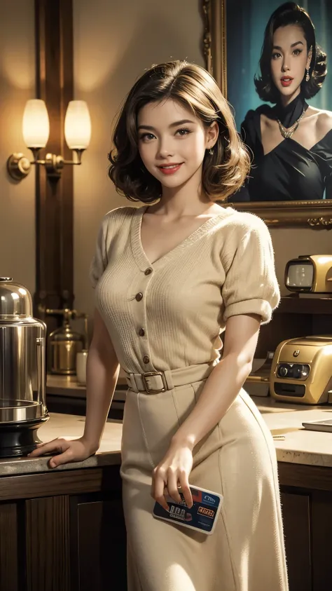 Create a photorealistic, 32K Resolution, high quality, realism, and high detail image of a smiling woman holding a credit card against the backdrop of the 1950s. Add a cinematic effect to evoke the nostalgic ambiance of the era, with soft lighting and vint...