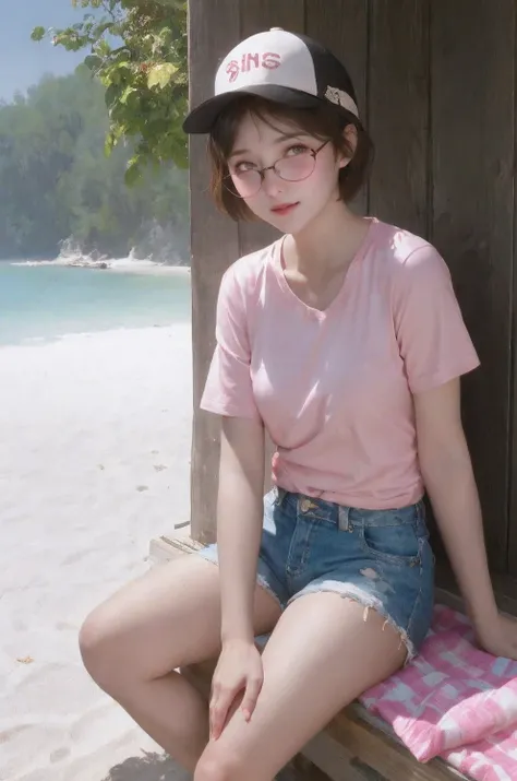 masterpiece, best quality, 1girl, beach, sitting on a beach towel, short hair, glasses, t-shirt, shorts, cap, blush, summer, soda can, bag