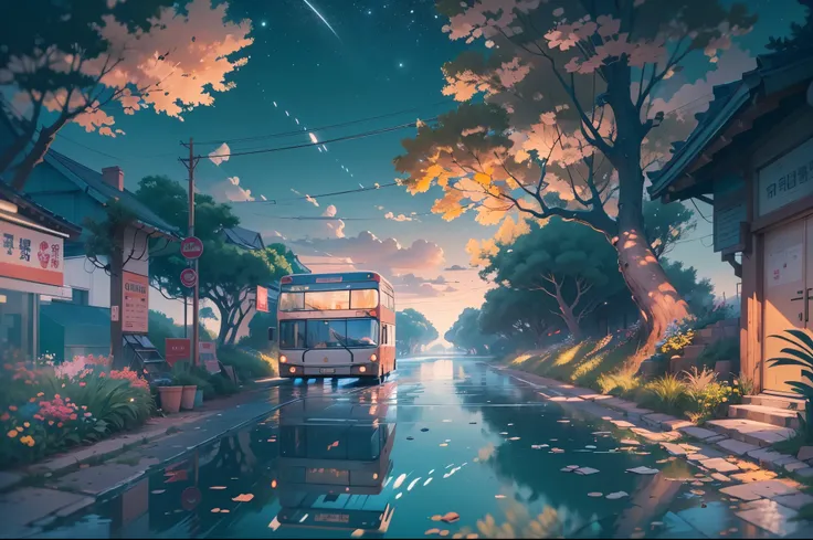 bus stop，comics， bright starry sky. Romantic bus passing through body of water on road，high saturation，Bright colors， Xin Haicheng&#39;s pictures, pure, concept art, Lofi Art style, reflection. author：Xin Haicheng, Lofi Art, Beautiful anime scene, anime sc...