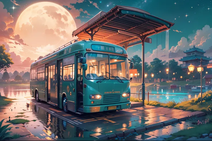 bus stop，comics， bright starry sky. Romantic bus passing through body of water on road，high saturation，Bright colors， Xin Haicheng&#39;s pictures, pure, concept art, Lofi Art style, reflection. author：Xin Haicheng, Lofi Art, Beautiful anime scene, anime sc...