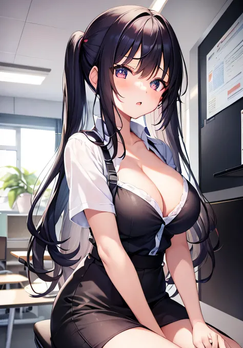 masterpiece、best image quality、ultra high resolution、teenage girl with big breasts、twin tail hairstyle、black hair、red face、shyly、Open your mouth just a little、Short-sleeved dress shirt that shows a slight cleavage、A cute bra that is slightly visible under ...