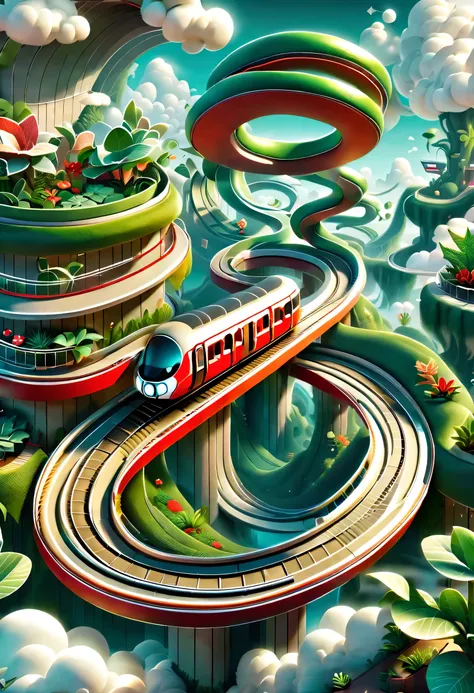 digital illustration，flat style，flat，3d，platform，magical station。inspired by snakes，curved track，extra long red train station，tr...