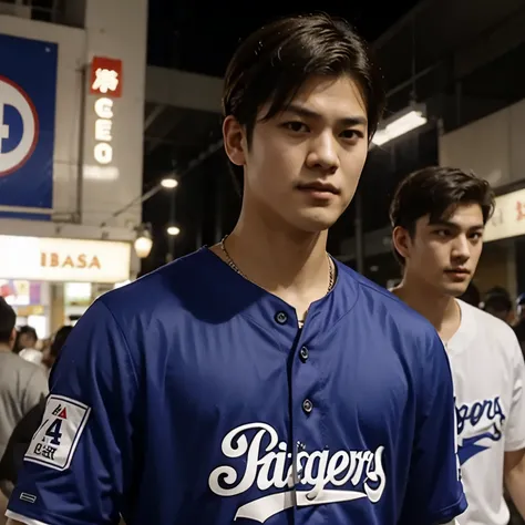 Shohei Ohtani wears a Dodgers jersey while shopping at a Taiwan night market