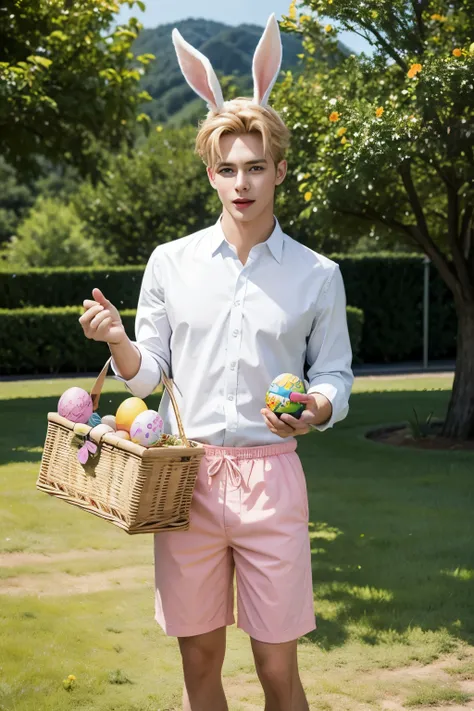 Create a captivating Easter tableau showcasing a strikingly attractive young model amidst a picturesque grassy field. Dressed solely in cute pastel-colored underwear, complemented by delightful bunny ears atop his head, he exudes charm and allure. With met...