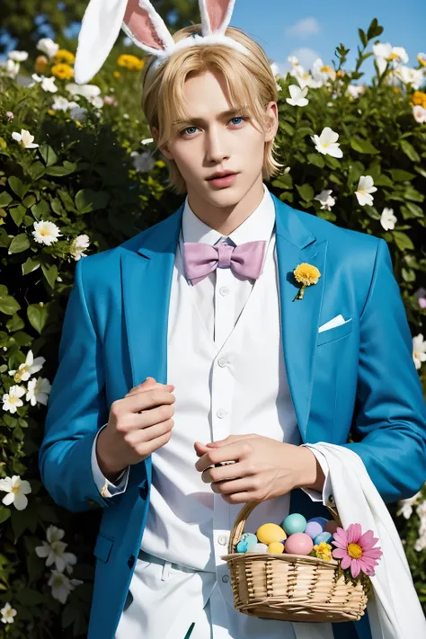 Create a captivating Easter tableau showcasing a strikingly attractive young model amidst a picturesque grassy field. Dressed solely in cute pastel-colored underwear, complemented by delightful bunny ears atop his head, he exudes charm and allure. With met...