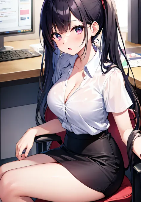 masterpiece、best image quality、ultra high resolution、teenage girl with big breasts、twin tail hairstyle、black hair、red face、shyly、Open your mouth just a little、Short-sleeved dress shirt that shows a slight cleavage、A cute bra that is slightly visible under ...