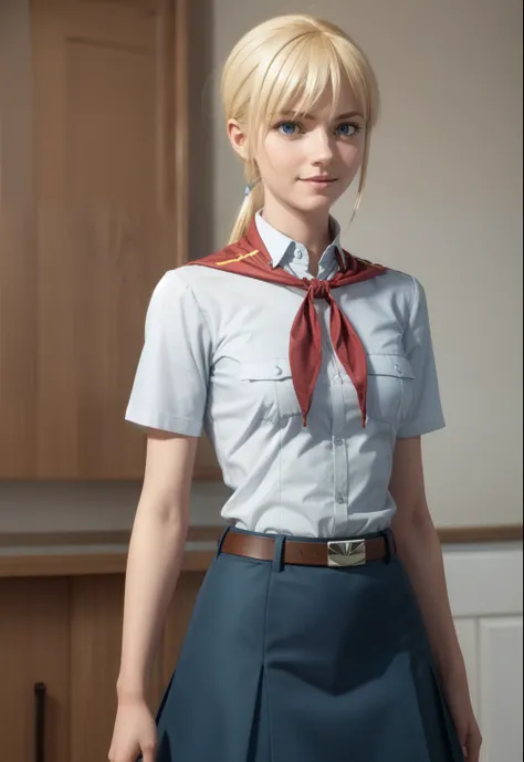 young slim fit (muscular) girl, full height, (blonde hair:1.2), big blue eyes, shy smile, (perfect flat breast:1.4), pioneer neckerchief, short tight blue pleated skirt, bangs, tight white shirt, short sleeves, collared shirt, belt, (red neckerchief:1.3), ...