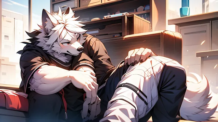 wolf orc，white hair，furry，cute，white pants，black sweatpants。