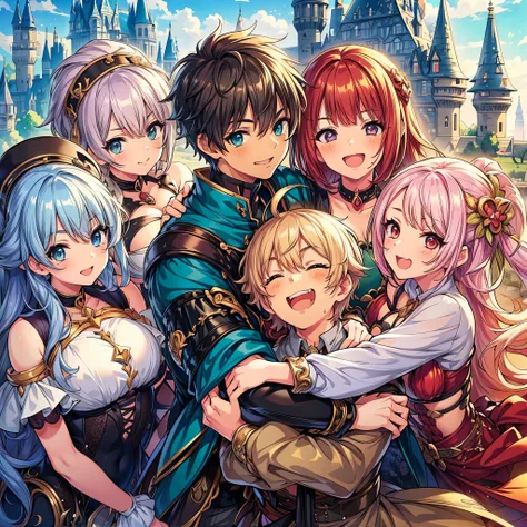 (masterpiece), best quality, In fantasy word, There are 5 different characters, ((4 pretty lady in different type of job and different hair style and different hair color embracing a youth boy)), they hugging together, smirk_boy, colorful, smile, backgroun...