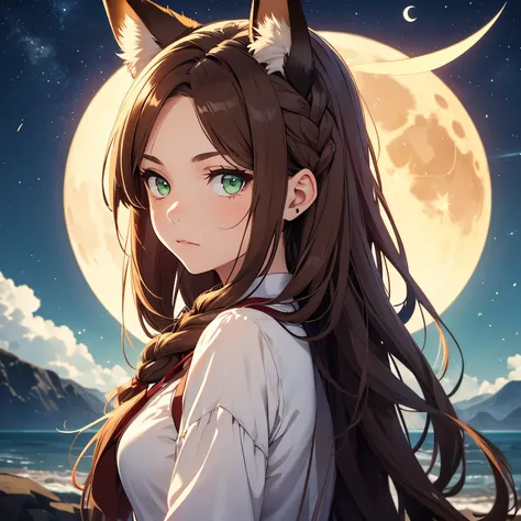 Girl with brown hair in braid, fox ears, green eyes, looking at the moon, adult, red eyeliner, emotionless.