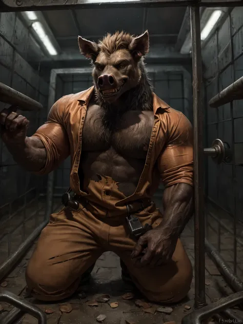 prison setting, prison cell, boar, orange clothing, prison jumpsuit, flex, muscular, barazoku, evil grin, torn clothing,
break,
...