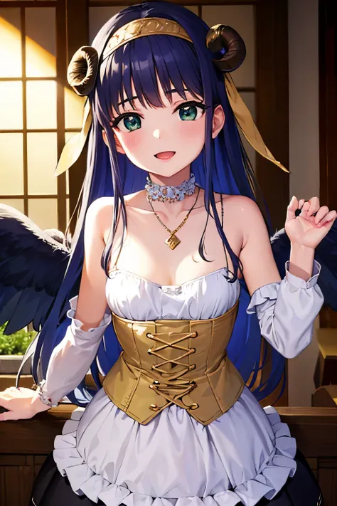 Cabello largo plateado, ojos verdes, headband, corset, skirt, flat breast, necklace, wings, ram horns, sonrisa, happy, abdomen lindo, muslos hermosos, forest