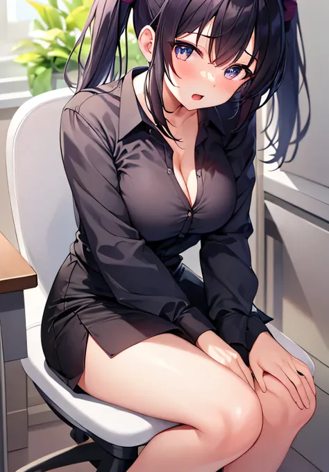 masterpiece、best image quality、ultra high resolution、teenage girl with big breasts、twin tail hairstyle、black hair、red face、shyly、Open your mouth just a little、Short-sleeved dress shirt that shows a slight cleavage、A cute bra that is slightly visible under ...