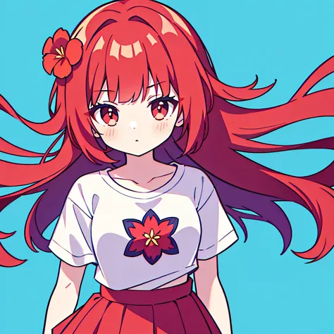 1adultgirl, red hair, medium hair, flower hair ornaments, white t-shirt, caro skirt, 8k resolutions, 8k quality, blue background, medium breast, brown color eye, pure long hair, bangs