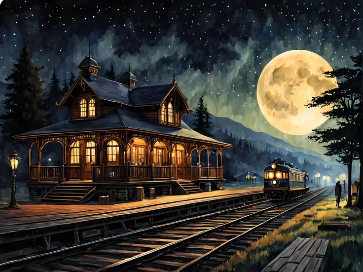 A captivating watercolor painting of a vintage train station, at starry night with a full moon, the Victorian-era architecture, wooden platform, a beautiful backdrop with rolling hills, passengers boarding the train, nostalgic ambiance, masterpiece in maxi...